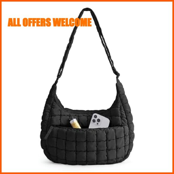 Quilted Puffy Crossbody Hobo Bag, Adjustable Strap, Water-Resistant Nylon - Picture 2 of 8